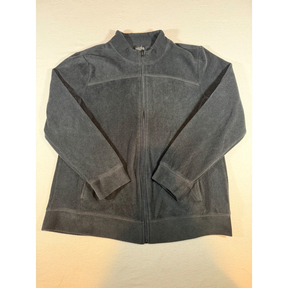 Erika Womens Black Full Zip Fleece Jacket Mock Neck Size Large Cozy Soft Pockets